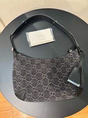 Gucci Horsebit Slim Small GG Monogram Denim Hobo Shoulder Bag in Black
